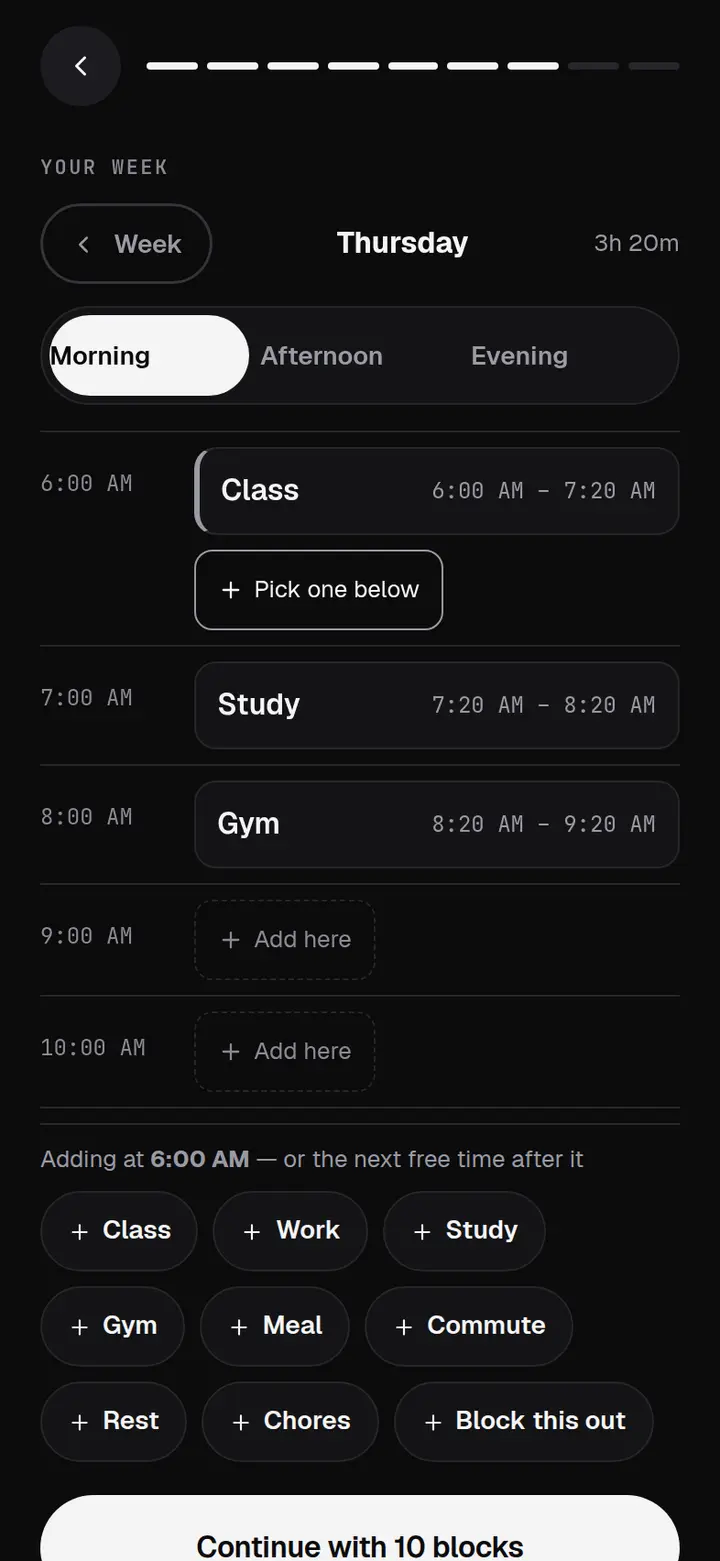 A day open in the planner, with hour rows and a row of chips — Class, Work, Gym, Study — to tap under any hour.