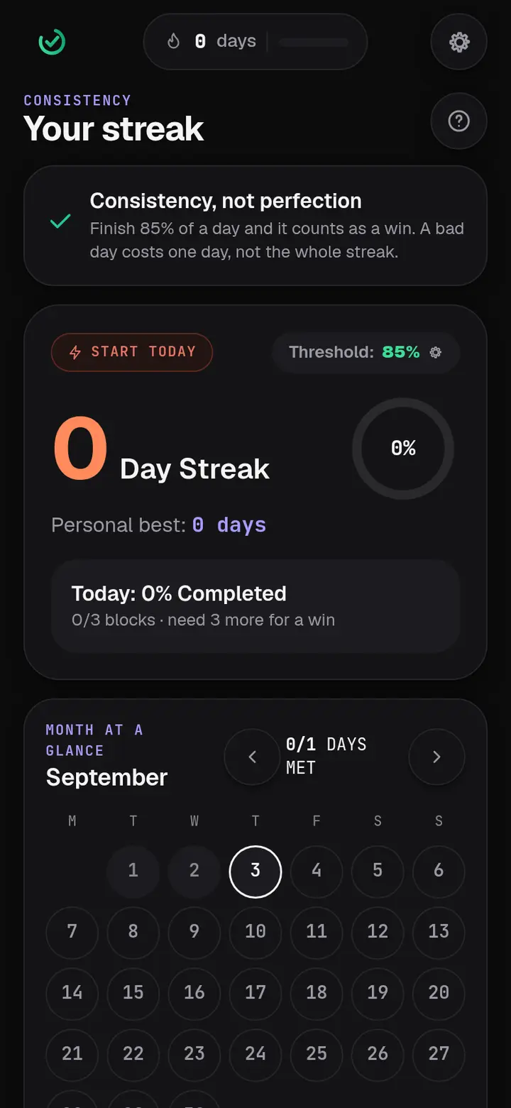 The Streak screen with a month grid, the current streak count and the habits being tracked.